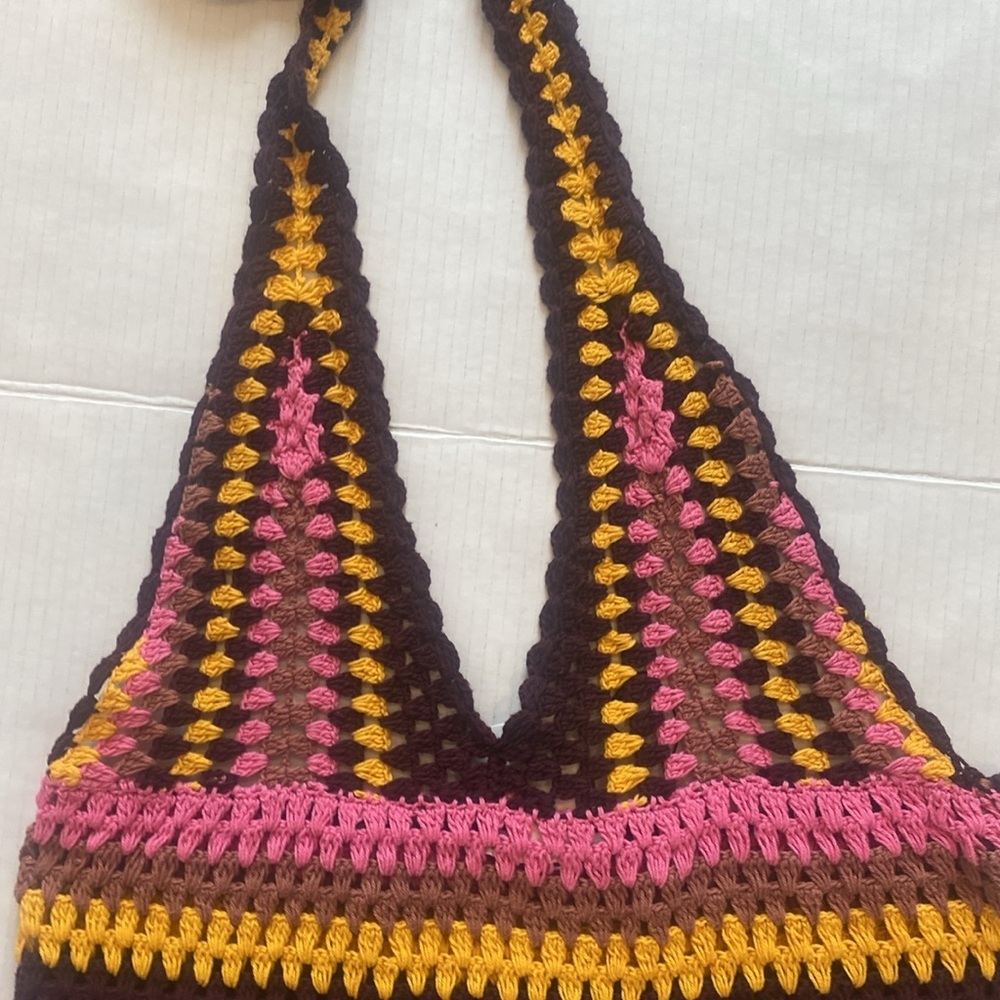 ZARA, Colourful Retro Crochet Halter Dress, with deep V-Neck Size Large - Picture 15 of 17